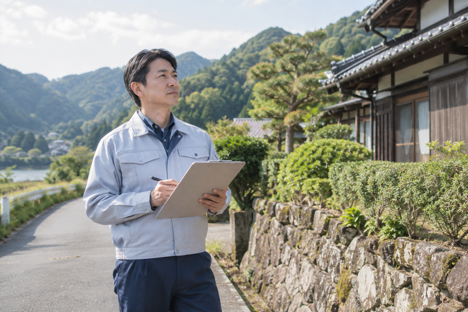 作業着で土地を確認する現地確認スタッフのイメージ